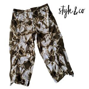 Style & Co Brown + White Tie Dye Beachy Bungee Hem Capri Cargo Pants Sz 8